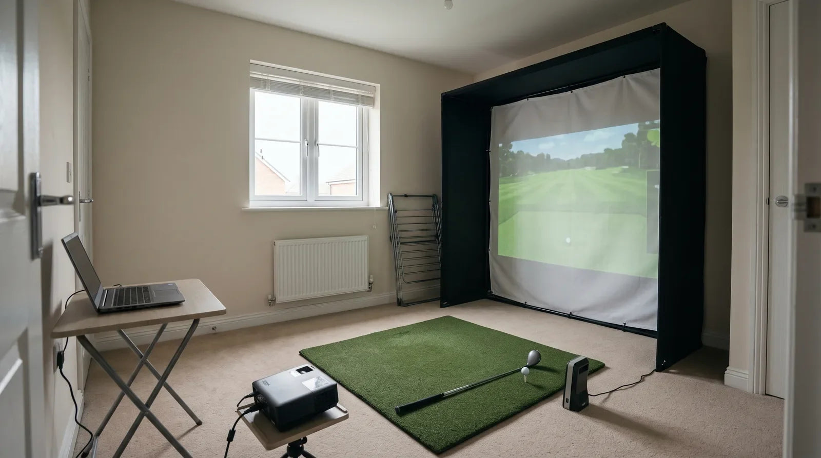 A budget golf simulator in a British spare bedroom, with a black enclosure and impact screen, a hitting mat, a launch monitor beside the ball and a projector on a stand