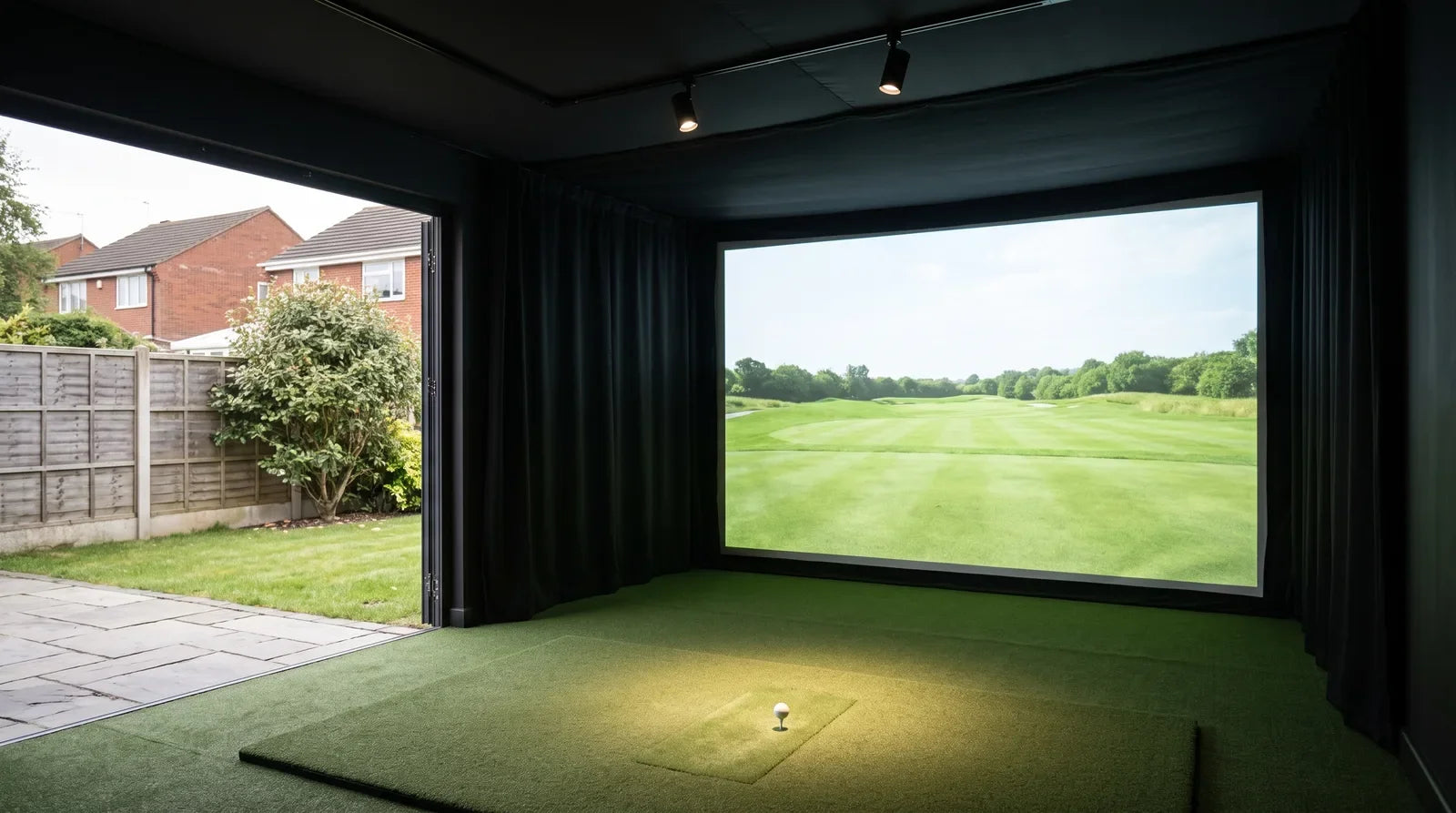 A home golf simulator bay with black curtains and two ceiling track spotlights aimed at the hitting mat, while the impact screen stays bright and clear